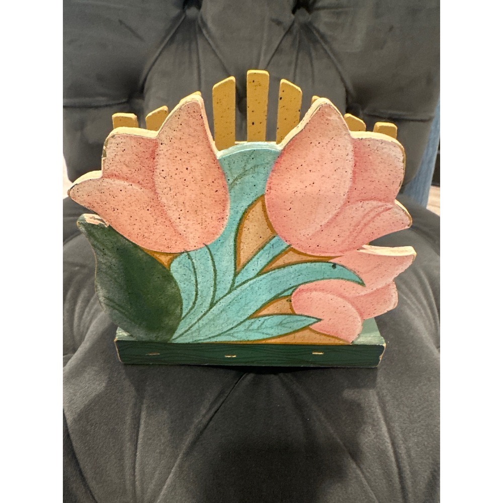 Hand Painted Wooden Tulip Napkin Holder Cute Country VTGKitchen Decor cottage - Picture 6 of 6